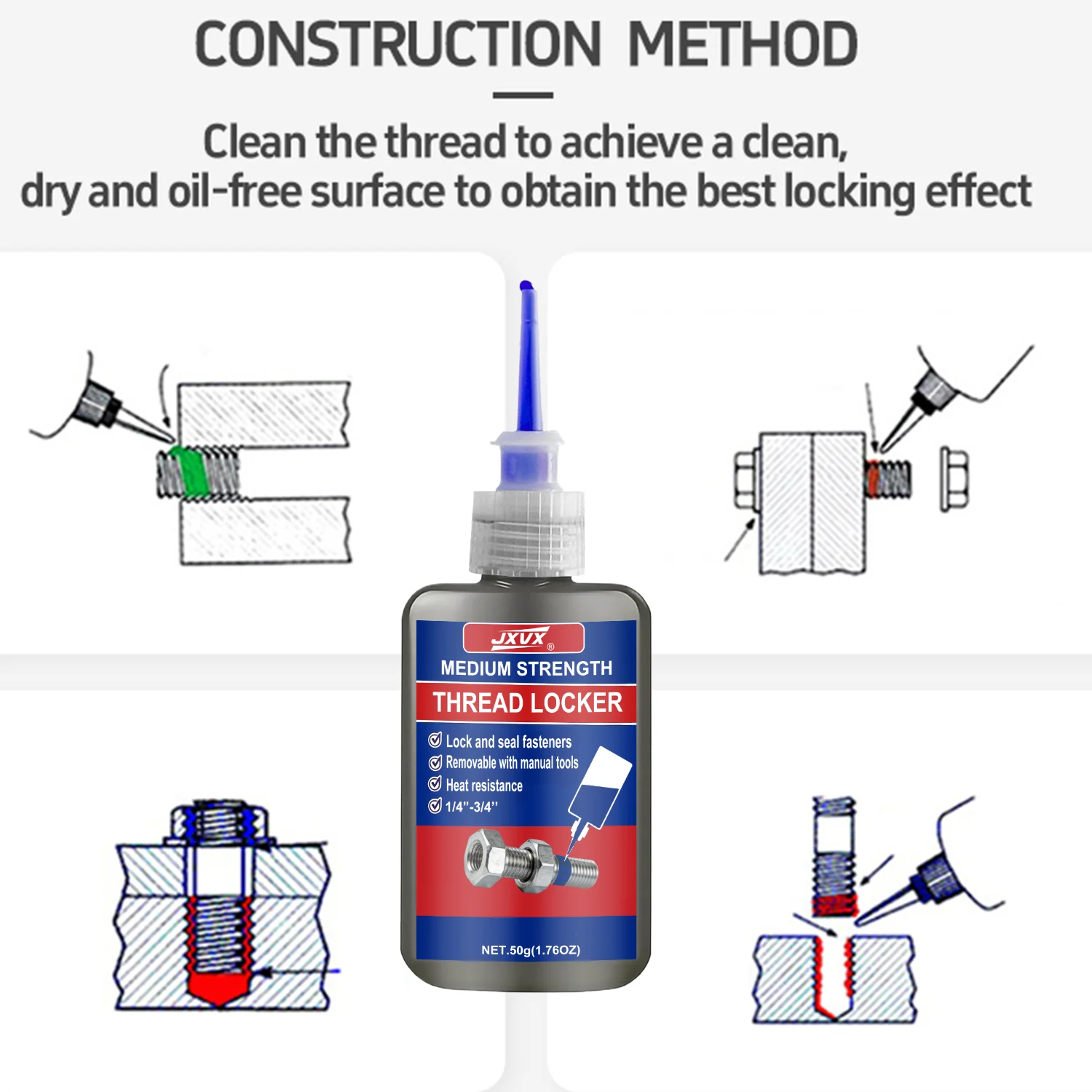 Medium to High Strength Blue Threadlocker Adhesive - 50ml Anaerobic Anti-Loose Screw Glue Agent