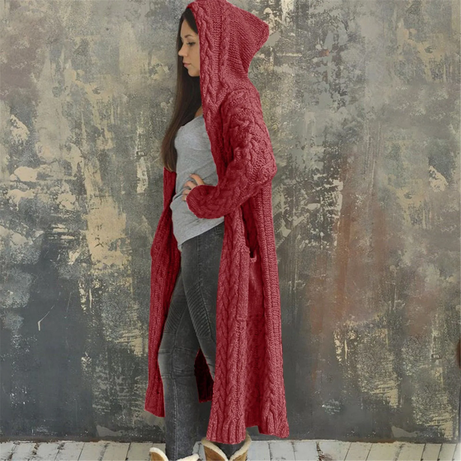 

Women's Simple Comfortable Solid Colour Knitted Coat Casual Loose Long Twist Hooded Cardigan Autumn Warm Pocket Sweater Cardigan