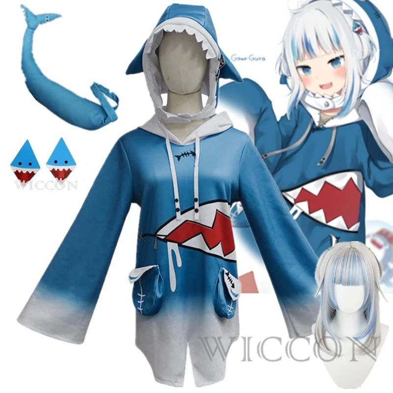 Gawr Gura Shark Cosplay Costume Hololive Vtubers Holo EN Hoodie For Girl  Kids Holo Gauru Shark Tail Haircilp Wig Cos Full Set - AliExpress
