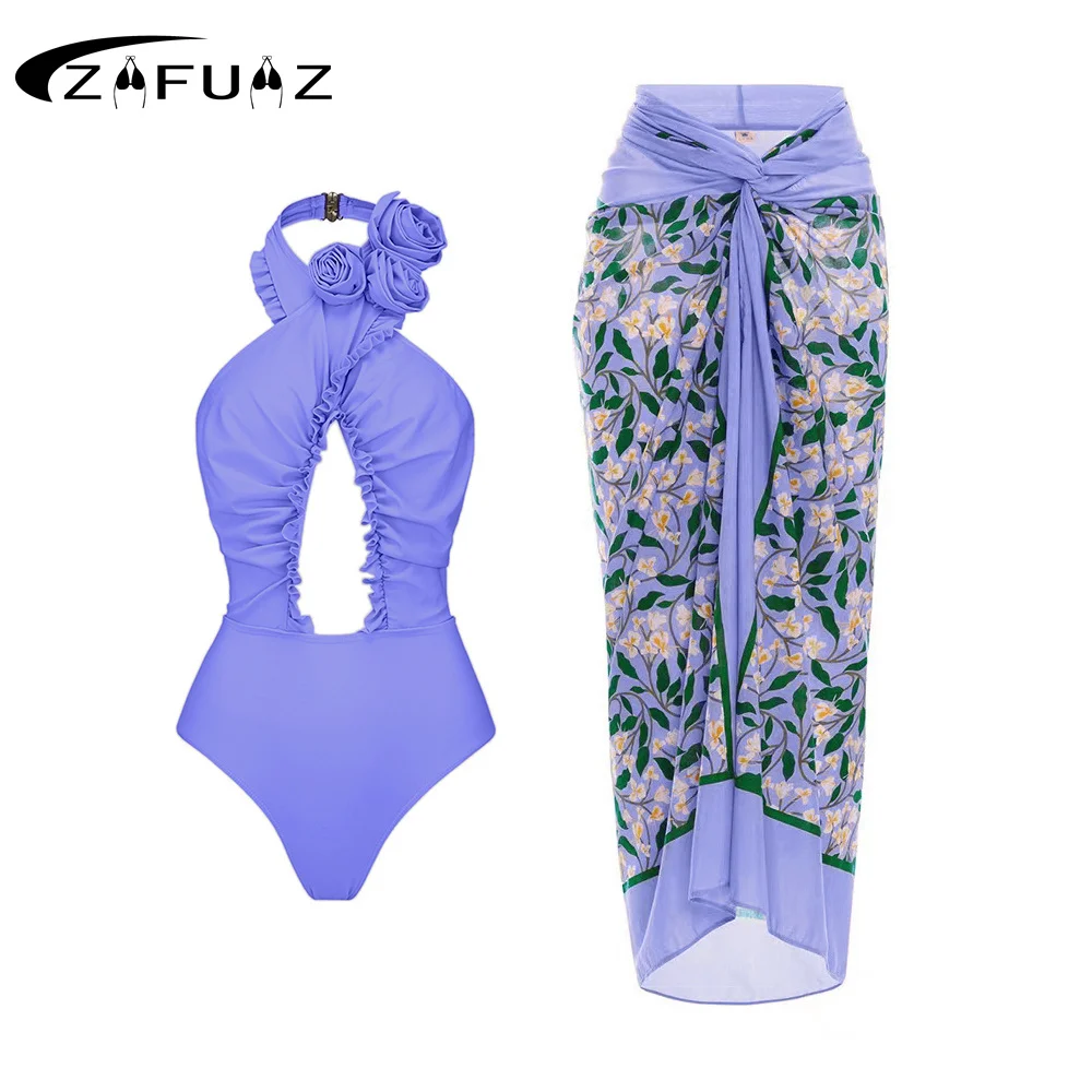 ZAFUAZ 2024 Sexy Women One-Piece Swimsuit Cut-out Swimwear Cross Halter Bikinis Summer Skirt Bathing Suit Backless Brazilian