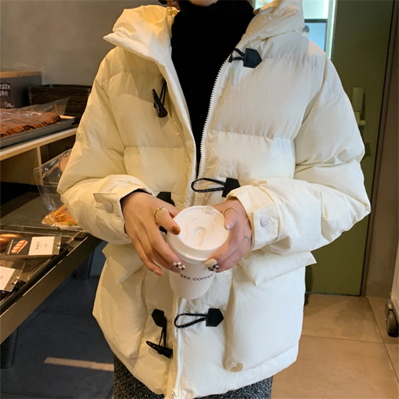 

Women’s Long Sleeved Cow Horn Button Hooded Jackets Winter Baggy Comfortable Coat Thickening Warm Female Puffer Cotton Outwear