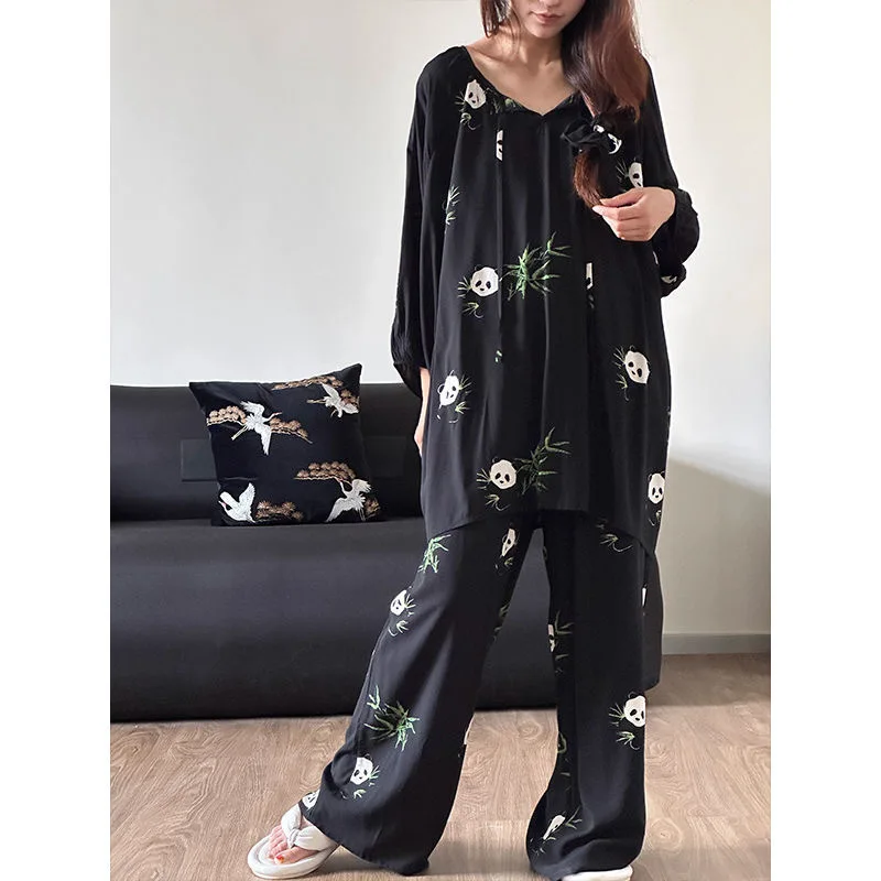 Popular pajama women's cartoon panda leopard print imitation cotton spring and autumn style new plus size home suit set