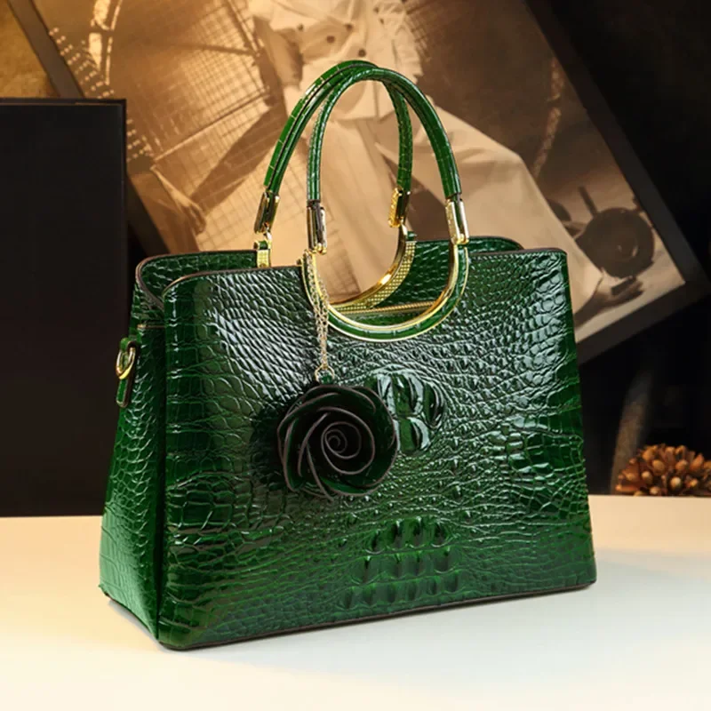 

Genuine Leather Women's Handbags Crocodile Pattern Ladies Floral Tassel Shoulder Messenger Bag Retro Wedding Top Handle Bags