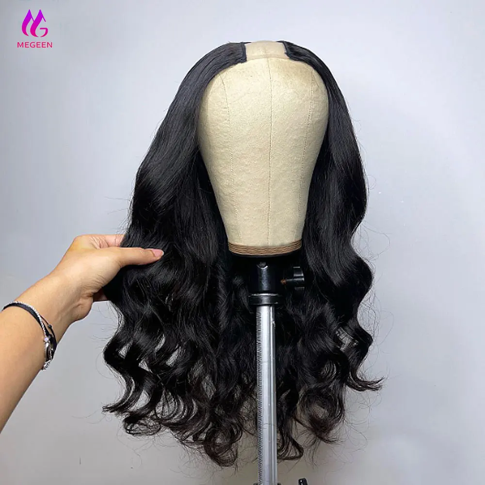 

Megeen 30 Inch Body Wave V Part Wig Brazilian Human Hair Glueless Body Wavy Easy Install Upgrade Wig 200% Den Natural Black Wigs