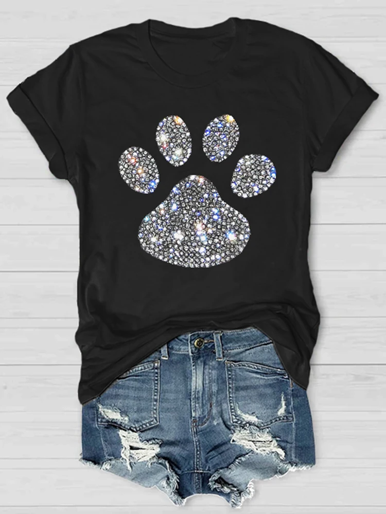 Summer women's crew neck t-shirt diamond dog paw print casual retro streetwear women's harajuku short sleeve top