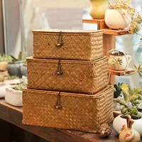 Rectangular Desktop Storage Box Hand Woven Storage Basket Rattan Wicker Basket for Sundries Clothes Container Desktop Organizer 1