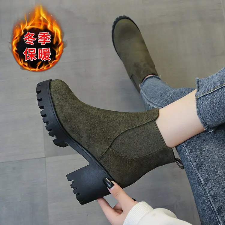 Women Suede Ankle Boots Fashion Metal Decoration Slimming Short Booties Autumn Winter Female Thick Heel Shoes 2025