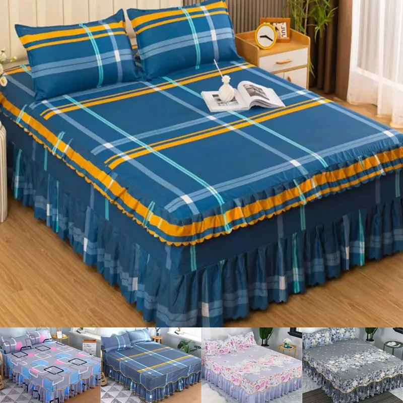 3 Pcs Bedding Classic Lace Bedspread Bed Skirt Bedding Set Home Textile Elastic Fitted Mattress Cover with 2pcs Pillow Covers 1