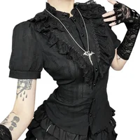 Sweet Lolita Cotton Shirts Women Vintage Gothic Black White Jacquard Short Sleeve Blouses Elegant Office Lady Y2k Tops - Image 5