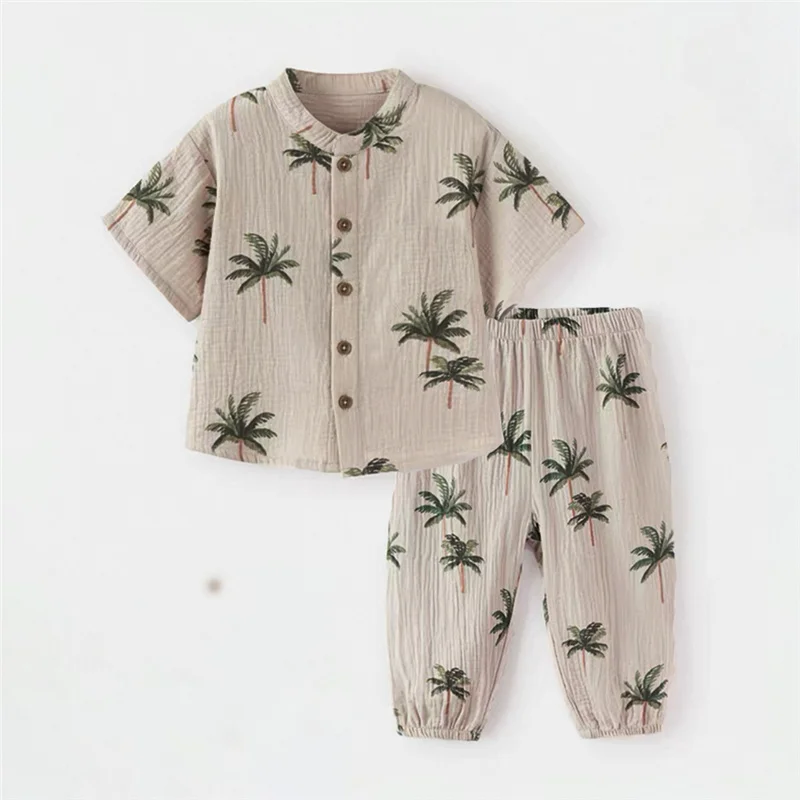 ملابس أطفال أولادي مطبوعة لطيفة للصيف من القطن العضوي بأكمام قصيرة + بنطلون قطعتين ملابس أطفال أولادي