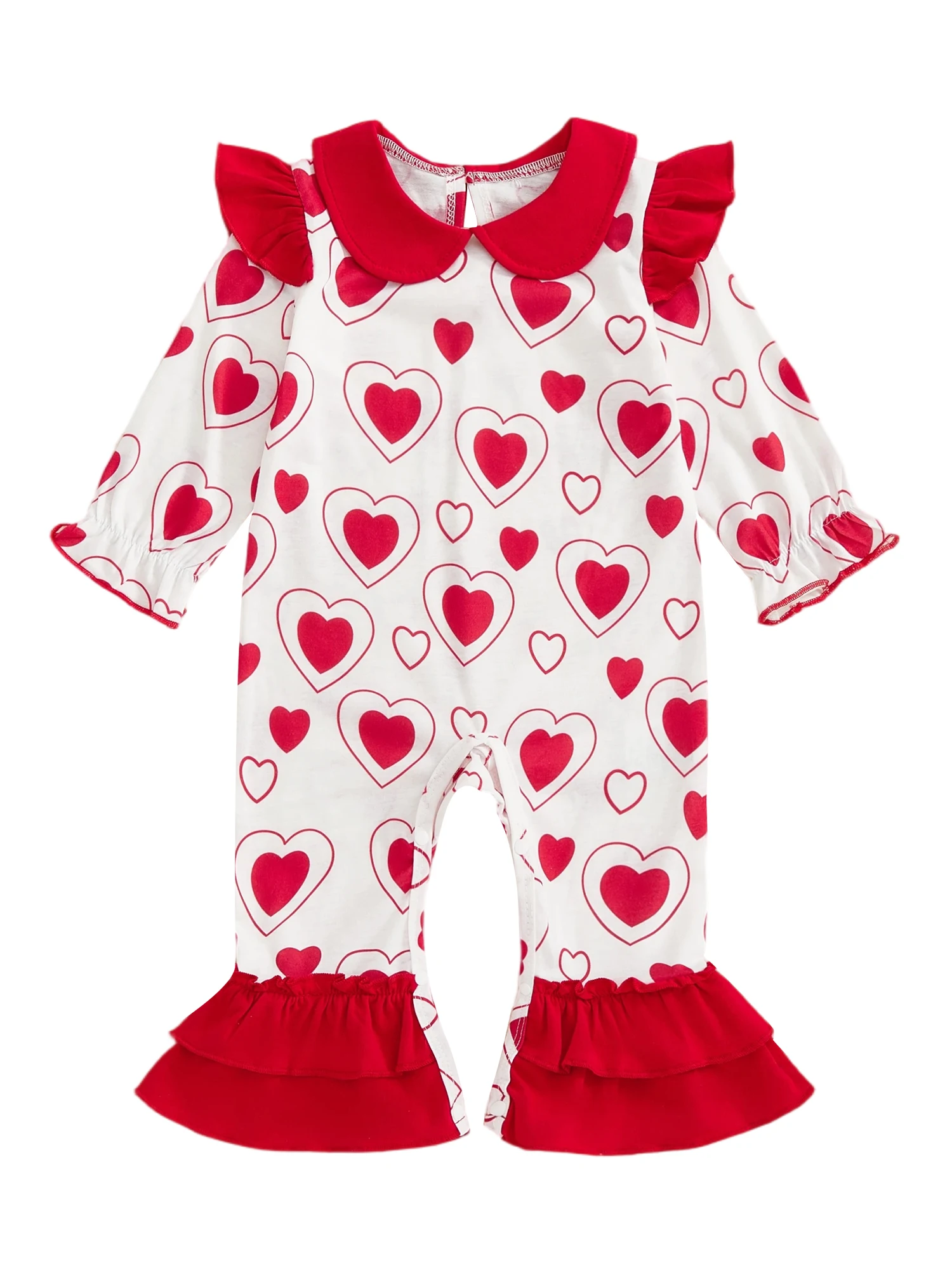 Adorable Toddler Girl Valentine s Day Romper with Puff Sleeves Heart Print and Ruffle Bell Bottoms for a Sweet Look