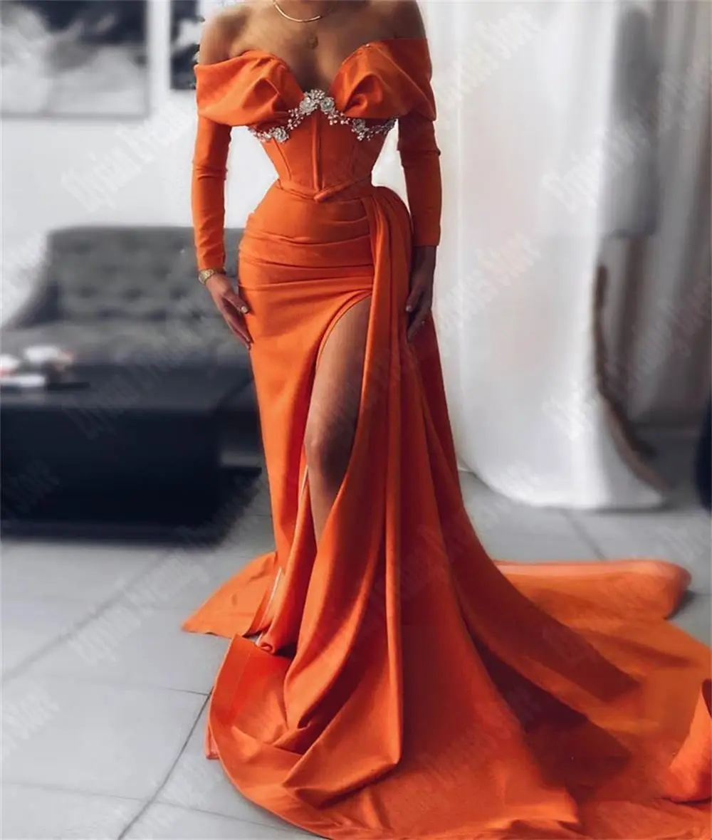 

Minimalist Off Shoulder Evening Dresses Wrap Buttocks Party Prom Gown Newest Smooth Satin Surface Long Sleeves Vestidos De Noche