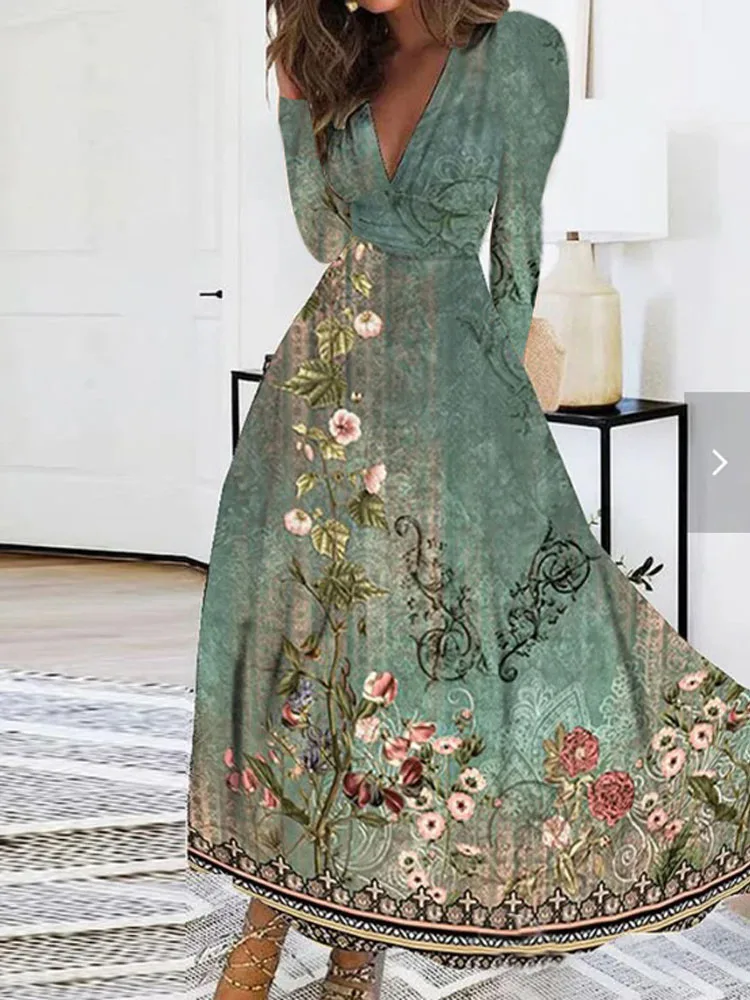

Women's Dress Sexy Deep V Neck Vintage Floral Print High Waist Elegant Party Dresses Autumn Fashion Long Sleeve Dress Robe Femme