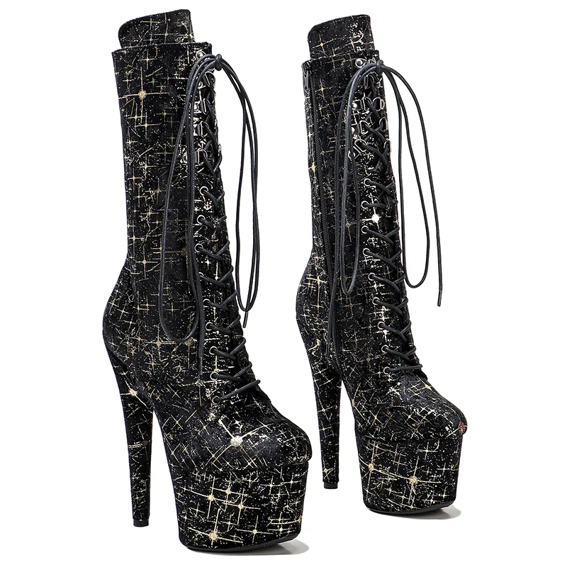 

Leecabe Shinny Golden with black star upper17CM/7Inch party High Heels Shoes Pole Dance bootie