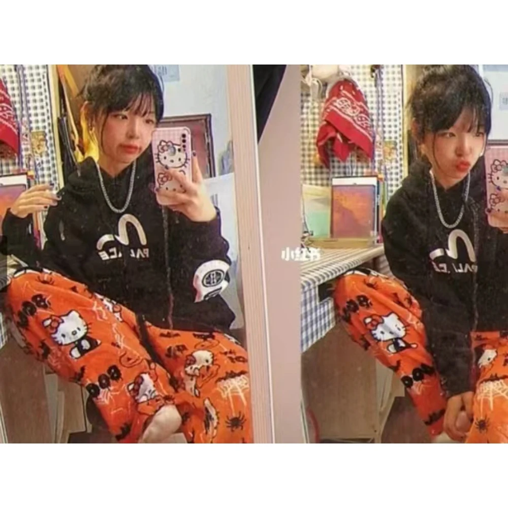 

Sanrio Hello Kitty Y2K Paiamas Pants Women Autumn Winter Warm Flannel Sleepwear Trendy Kawaii Halloween Gifts Home Wear Clothes