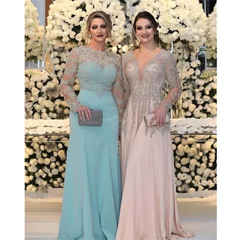 

Mother of The Bride Dresses 2023 Elegant Luxury Crystals Beading Long Sleeve Appliques Chiffon Wedding Party Gowns Evening