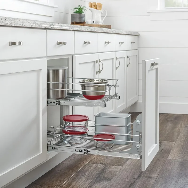 2-Tier Kitchen Cabinet Pull Out Shelf Drawer Organizer Slide Out Pantry Storage Basket Multiple Sizes