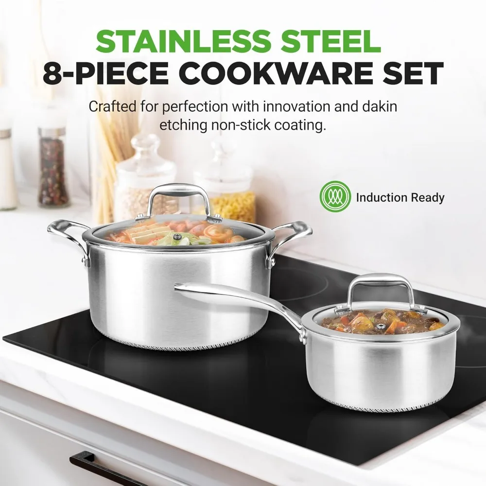 8-Piece Triply Cookware Set Stainless Steel - Triply Kitchenware Pots & Pans Set Kitchen Cookware, Non-Stick Coating - Sauce Po