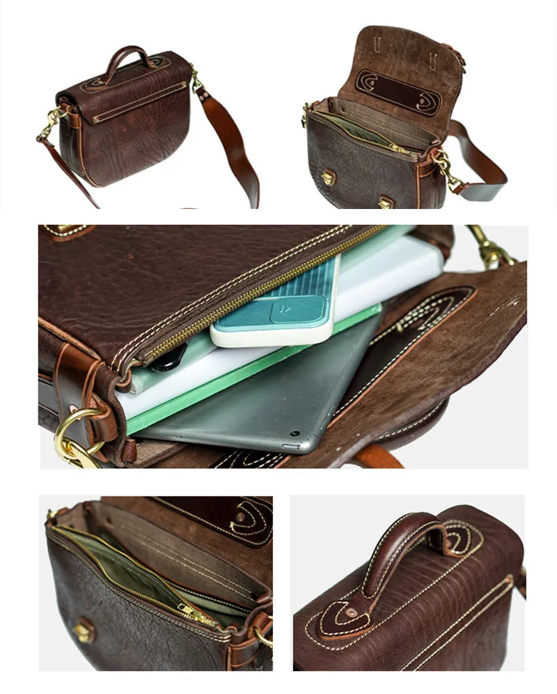 Vintage fashion designer high quality natural genuine leather men handbag Outdoor work weekend luxury real cowhide crossbody bag