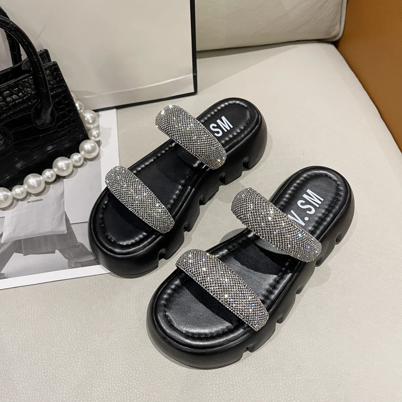 

Crystal Platform Flats Fashion Slippers 2022 Summer New Sport Sandals Luxury Heels Shoes Party Brand Women Shoes Ladies Slides