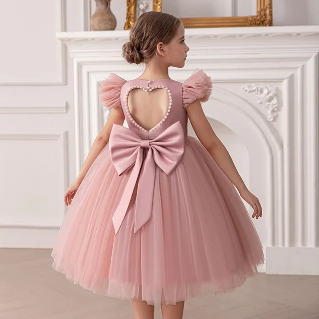Robe de princesse à manches flottantes pour filles – Robe de soirée élégante et de récital pour anniversaire de fille à fleurs découpées au dos avec nœud 1