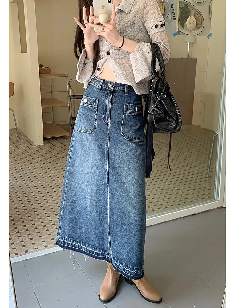 S-XL Ball Grown Long Denim Skirt 2022 korean style High