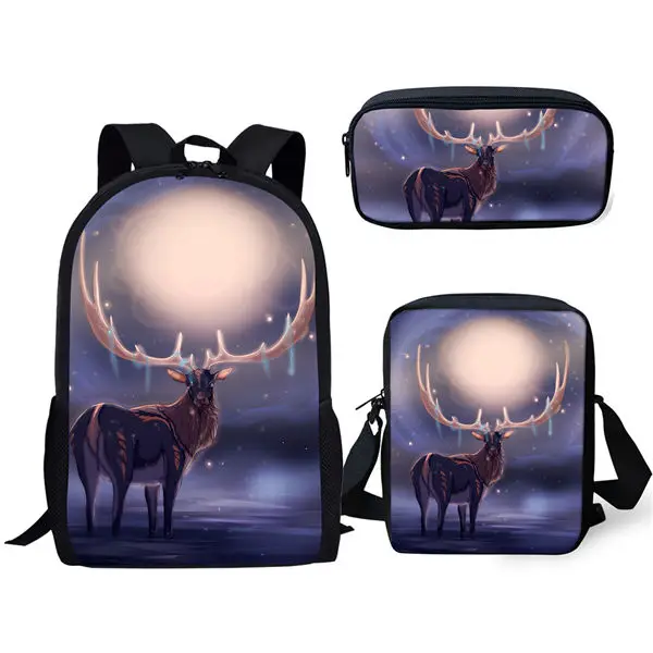 3Pcs Set Backpack Fantasy Animal Deer Pattern Print Student School Bag with Lunch Bag Pencil Bag Teenager Daily Casual Backpack