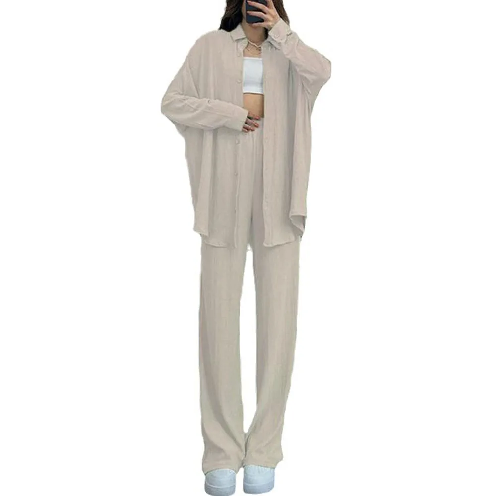 Women Elastic Waist Pant Sets Casual Blouse Suits