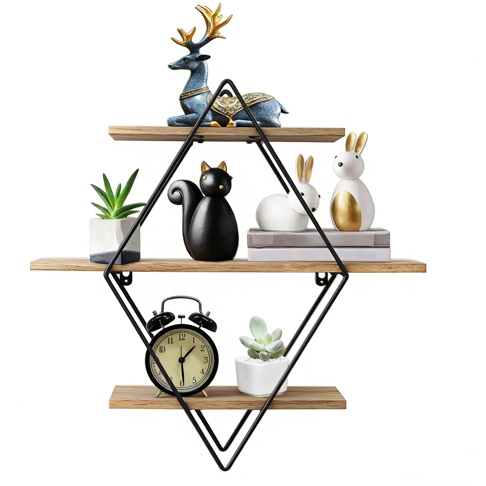 3 Tier Rustic Wood Wall Mounted Floating Shelves Geometric Decorative Storage Display Rack