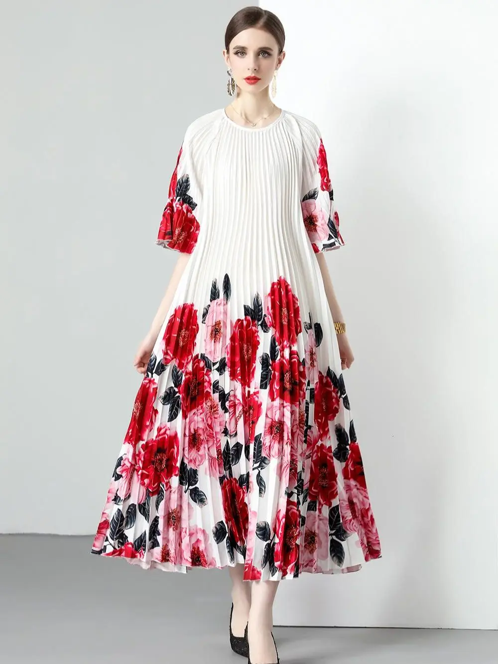 

2023 Summer Maternity Maxi Dress Half Sleeve O-Neck Fashion Print Pregnant Woman Chiffon Dress Office Lady Formal Dress Pleated