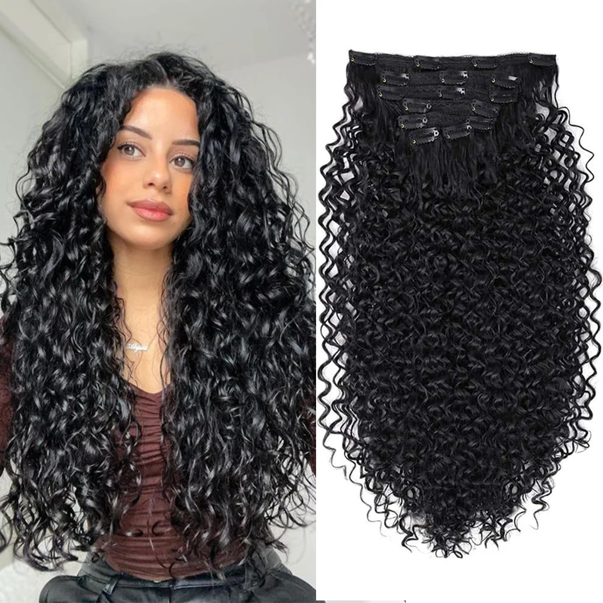 Synthetic Curly Clip In Hair Extensions Kinky Curly Hairpieces Clip On Full Head Fake Pieces Black