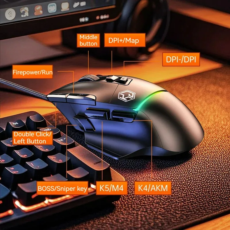 2026 Wired Mouse RGB Lights 10 Keys Macro Programming Gaming Chip 12800DPI Ergonomic Design Medium-Large Hand Gaming Mouse GK502