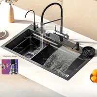 Stainless Steel Kitchen Sink with Waterfall Washbasin Embossed Large Single Slot Household Undermount Basin Dishwasing Sinks 1