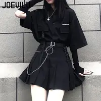 Gothic Skirt Set Loose Shirt Pleated Mini Skirts 2 Piece Sets Korean Retro Casual Outfits Women Spring Summer Aesthetic Y2k Suit