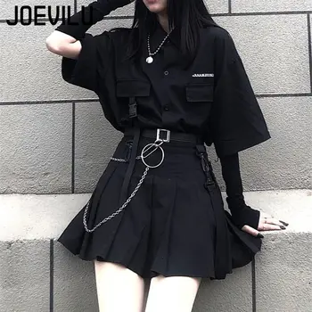 Gothic Skirt Set Loose Shirt Pleated Mini Skirts 2 Piece Sets Korean Retro Casual Outfits Women Spring Summer Aesthetic Y2k Suit 1