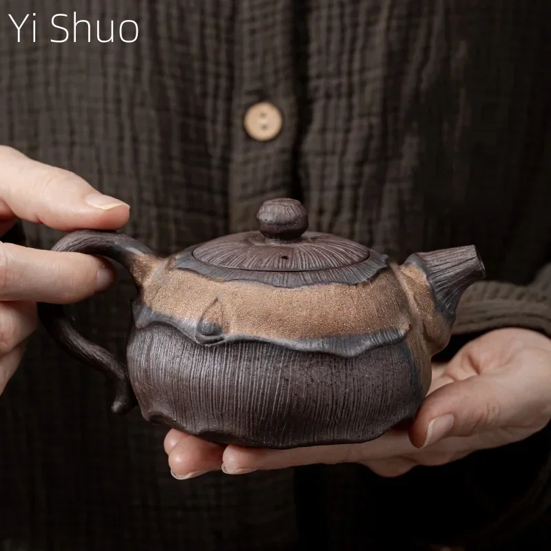 

Japanese Gilding Iron Glaze Lotus Incense Handle Pot Ceramic Kung Fu Teapot Single Teapot Hand Ewer Pu'er Tea Making Device