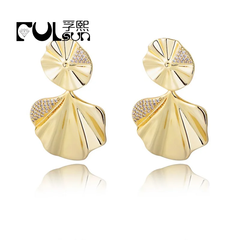 

Minimalist unique women jewelry Oceanic shell drop earrings scalloped ruffle waves Brass earrings with cubic zirconia