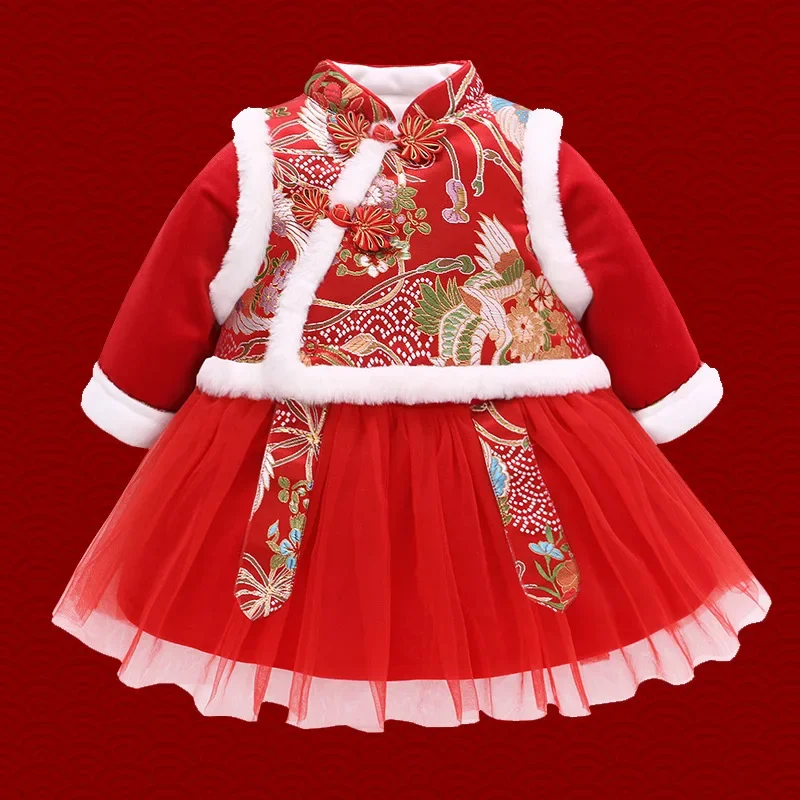 Girls' Cheongsam Dress Suit Baby Chinese New Year Tang Suit Skirt Princess Dress+Top Sets Toddler Kids Warm Thick Outfit Gift girls sets autumn winter 2020 new clothing children s set puff sleeve t shirt leather skirt 2pcs suit outfit baby kids clothes