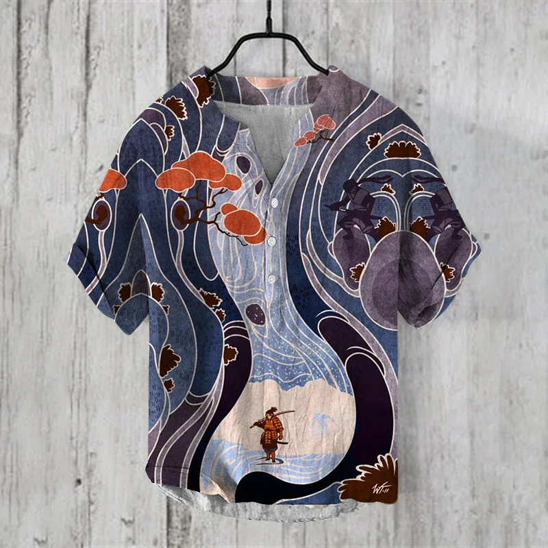 new clothing summer Man Casual v-neck Shirt short Sleeve Band Collar Henley Shirt fashion art illustration print Tops