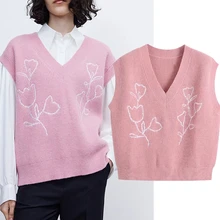 

Maxdutti Pull Femme England Style Fashion Flower Embroideried V-neck Knitted Vest Women Pullovers 2022Winter Sweaters Women Tops