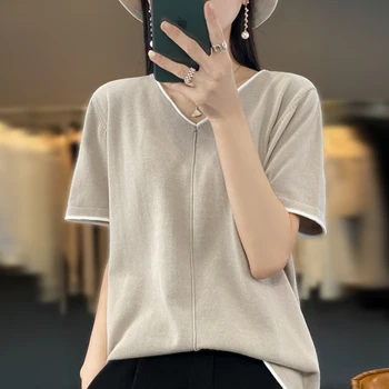 100% cotton T-shirt Women's V-neck pullover short sleeve summer new casual knitting loose top fashion color contrast T-shirt 1