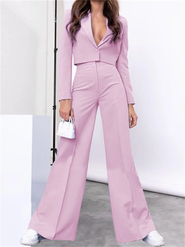 

CHRONSTYLE Women Pants Suits Elegant Long Sleeve Lapel Deep V-neck Buttons Up Blazers Tops Wide Leg Pants Spring Autumn Outfits