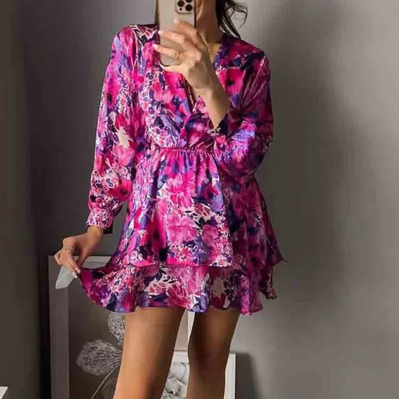 

Pullover V-neck 2023 Autumn/Winter Temperament Commuting Waist Long Sleeve Fashion Print Women's Elegant Short Dresses Kleid