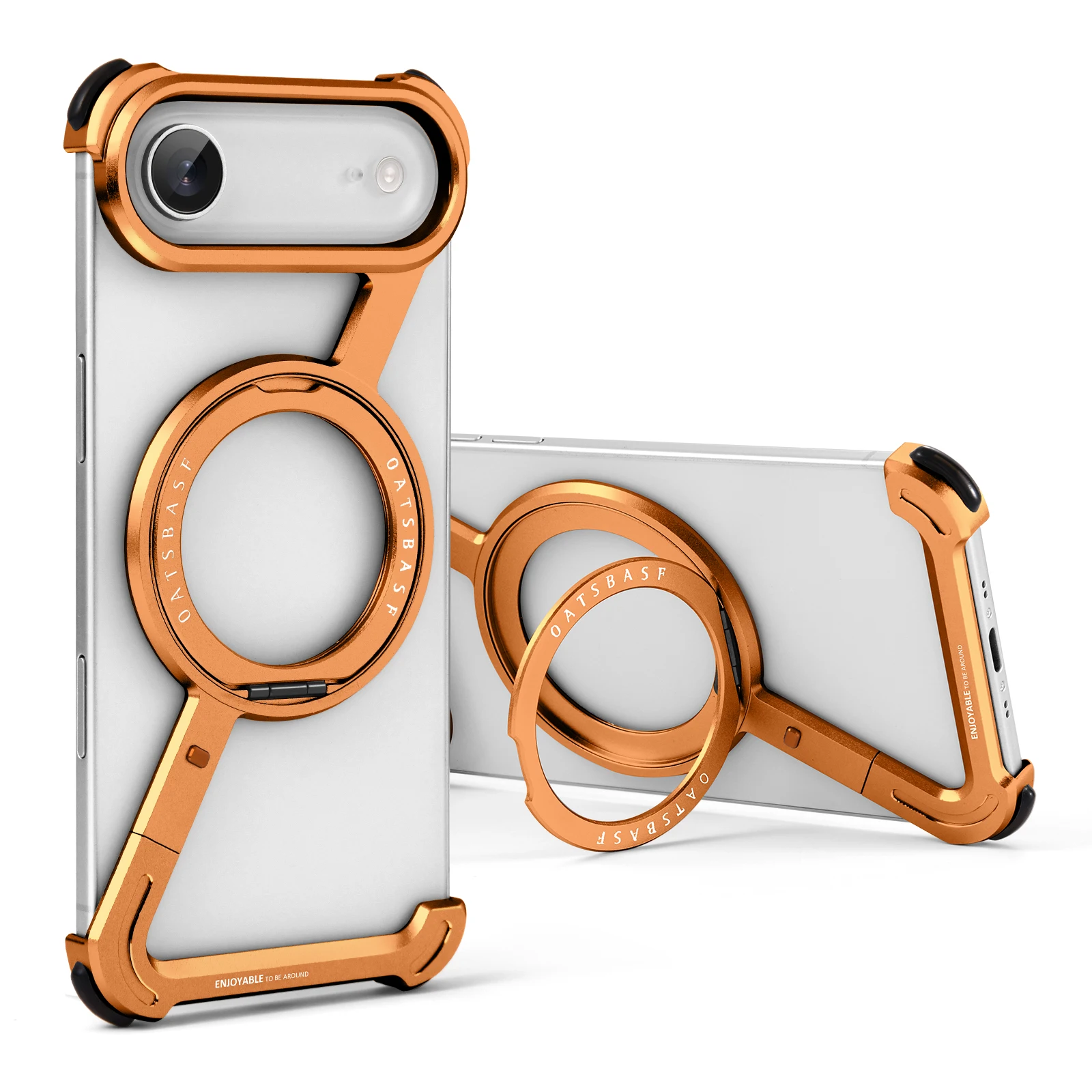 Oatsbasf Metal Frameless Phone Case with 360° Rotatable Ring Stand - Shockproof Bumper Design
