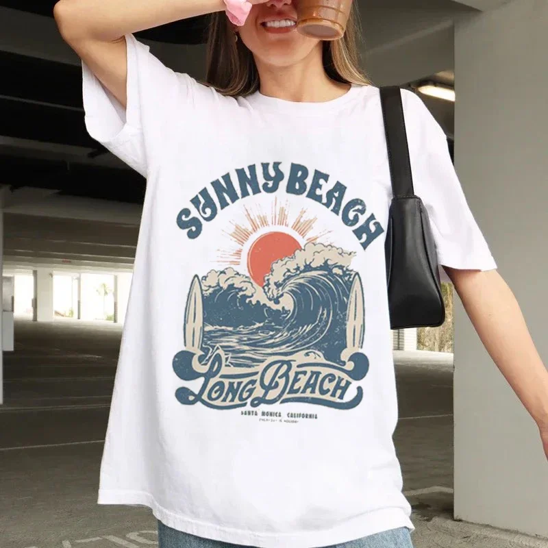 

Sweet and Trendy Women's Casual Vintage Beach Waves Pattern T-Shirt Clothing Women's Short Sleeved Printed Top O-Neck T-Shirt
