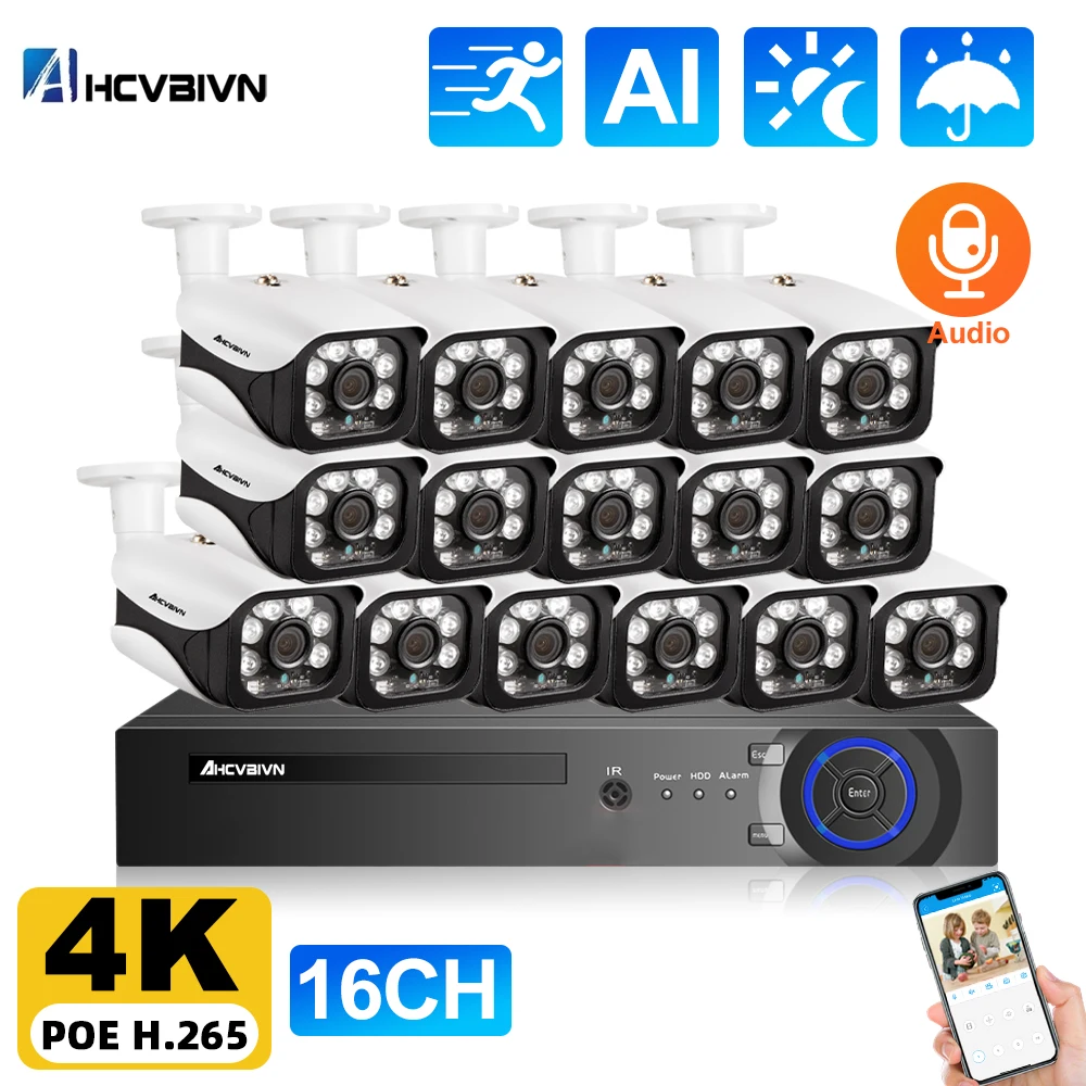 

16CH POE CCTV Security Camera System Kit 4K 8CH NVR Kit Outdoor Waterproof Audio POE IP Bullet Camera Video Surveillance System