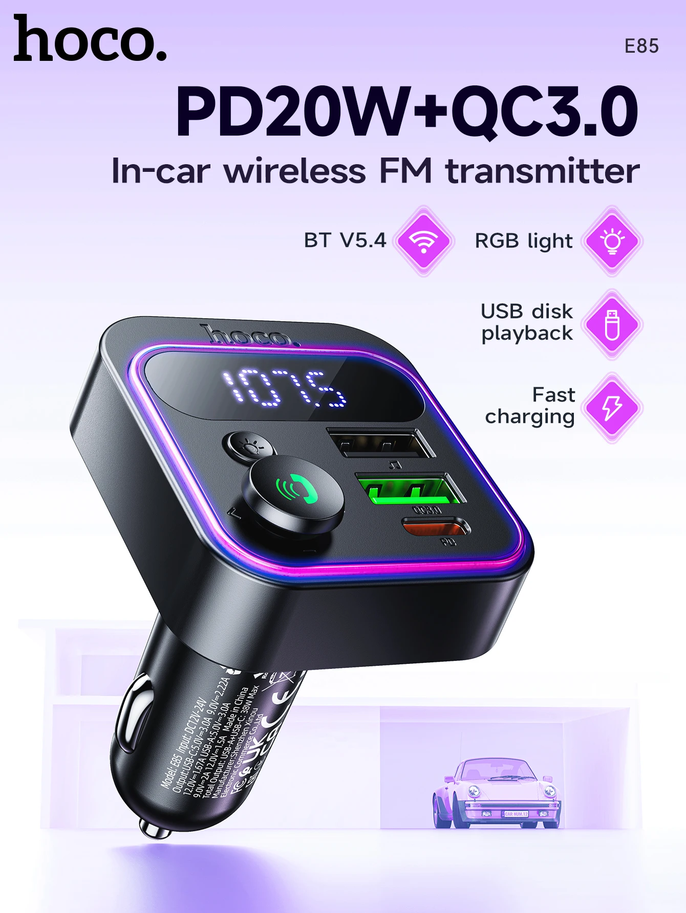 HOCO E85 20W Bluetooth 5.4 Car FM Transmitter with PD20W & QC3.0
