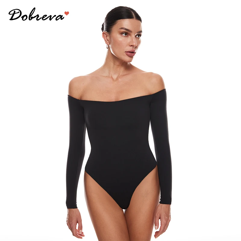 Women's Cozzifree Sexy Off The Shoulder One Piece Bodysuit Long Sleeve Thong Bodycon Slim Fit Tops Leotard Black White Red