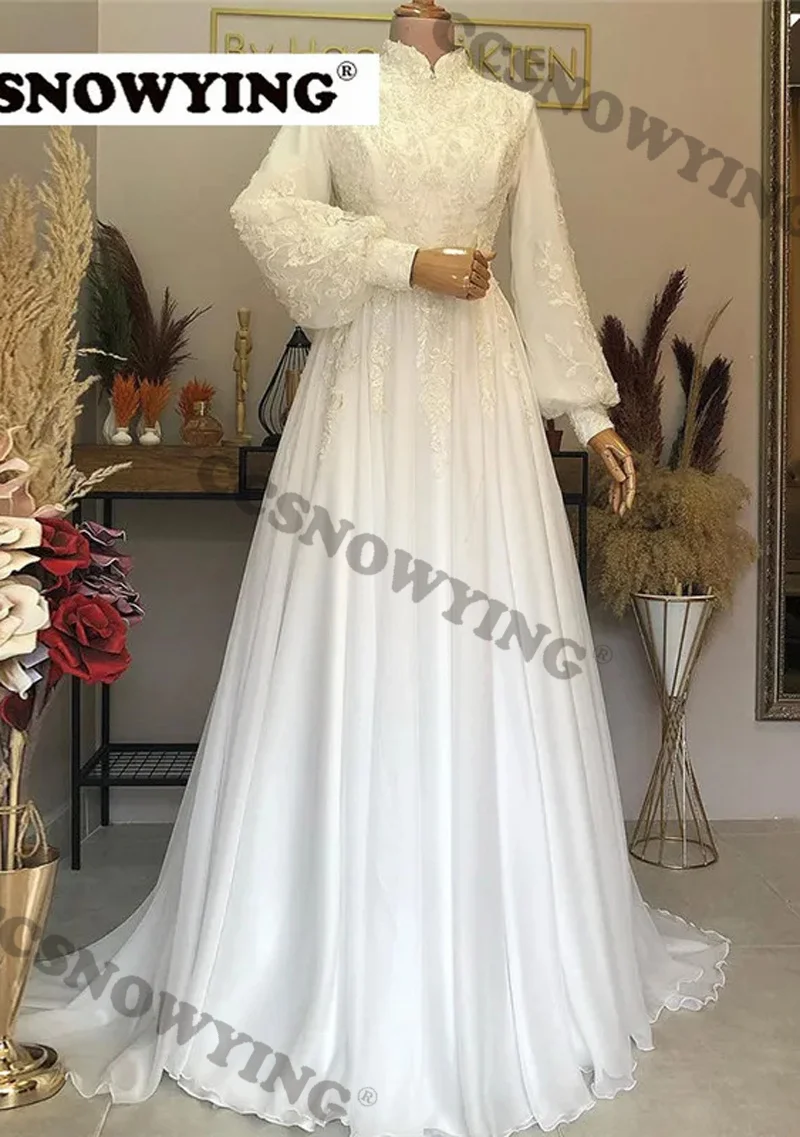 

Elegant Long Sleeve Muslim Wedding Dresses for Bride Chiffon Appliques High Neck Islamic Bridal Gown Arabic Dubai Robe De Mariée