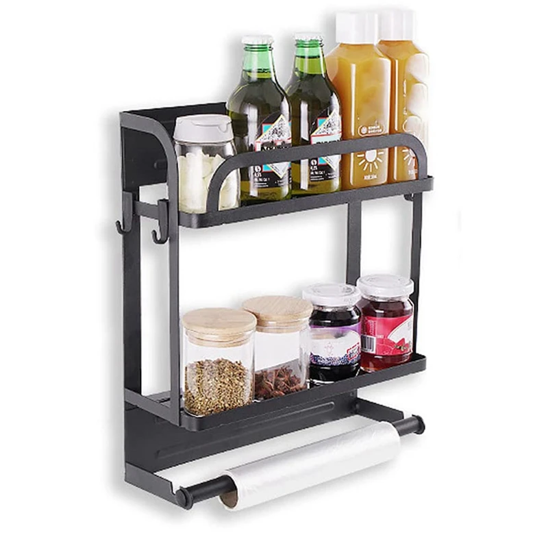 

1 PCS Magnetic Spice Rack Organizer Storage Shelf With Paper Towel Holder And Removable Hooks